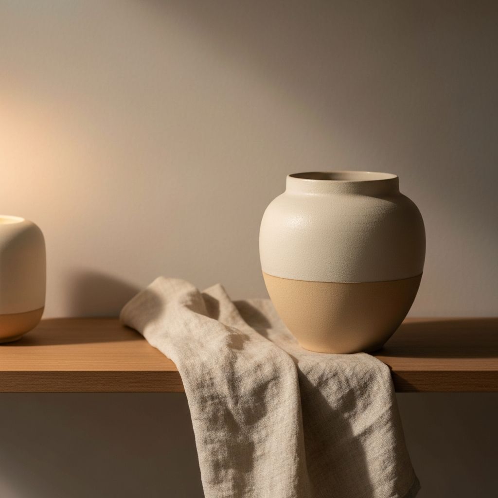 Warme Keramik-Komposition mit atmosphärischem Licht auf einer Regalfläche