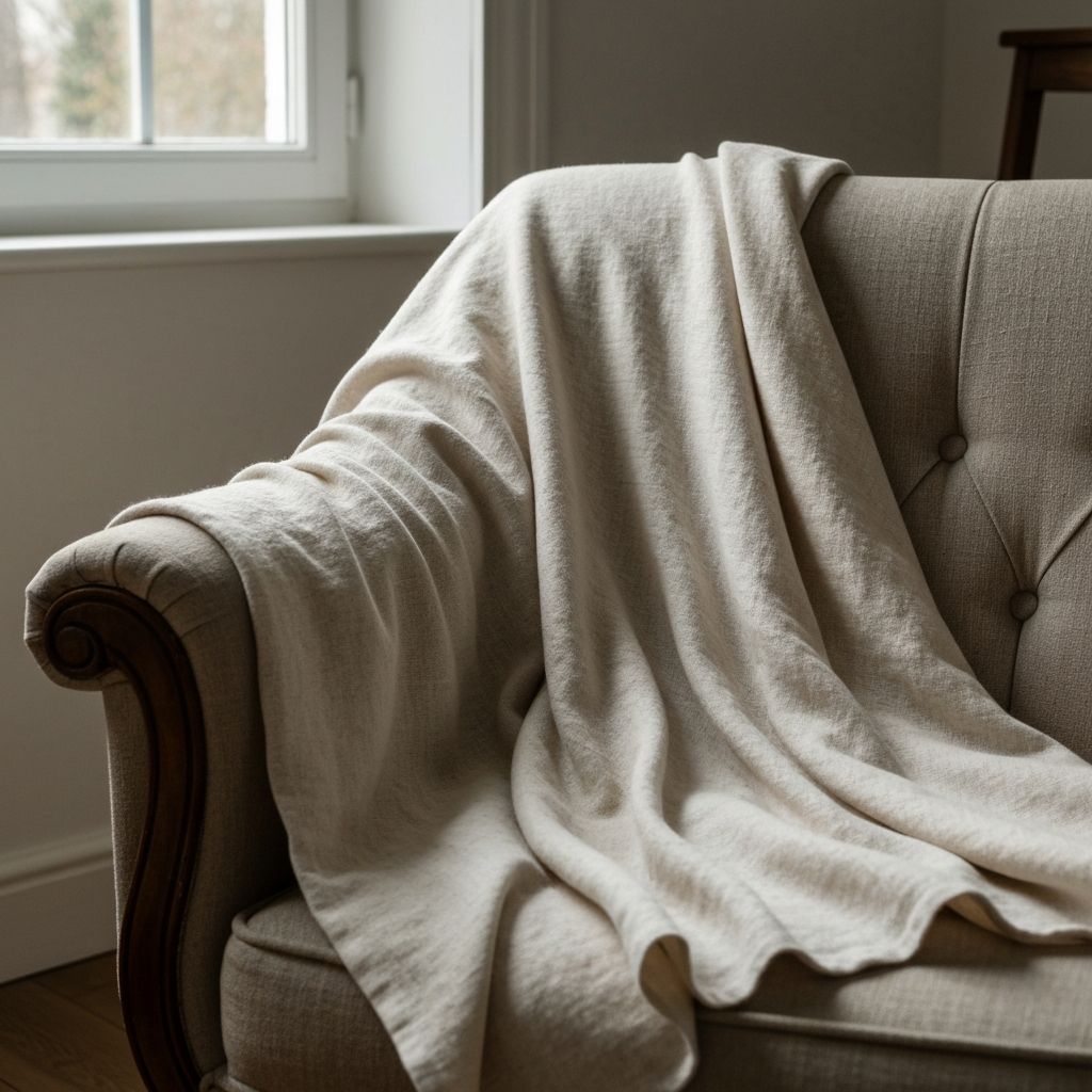 Cremefarbenes Leinenplaid auf einem Sessel, zeigt natürliche Faltenbildung und Webtextur