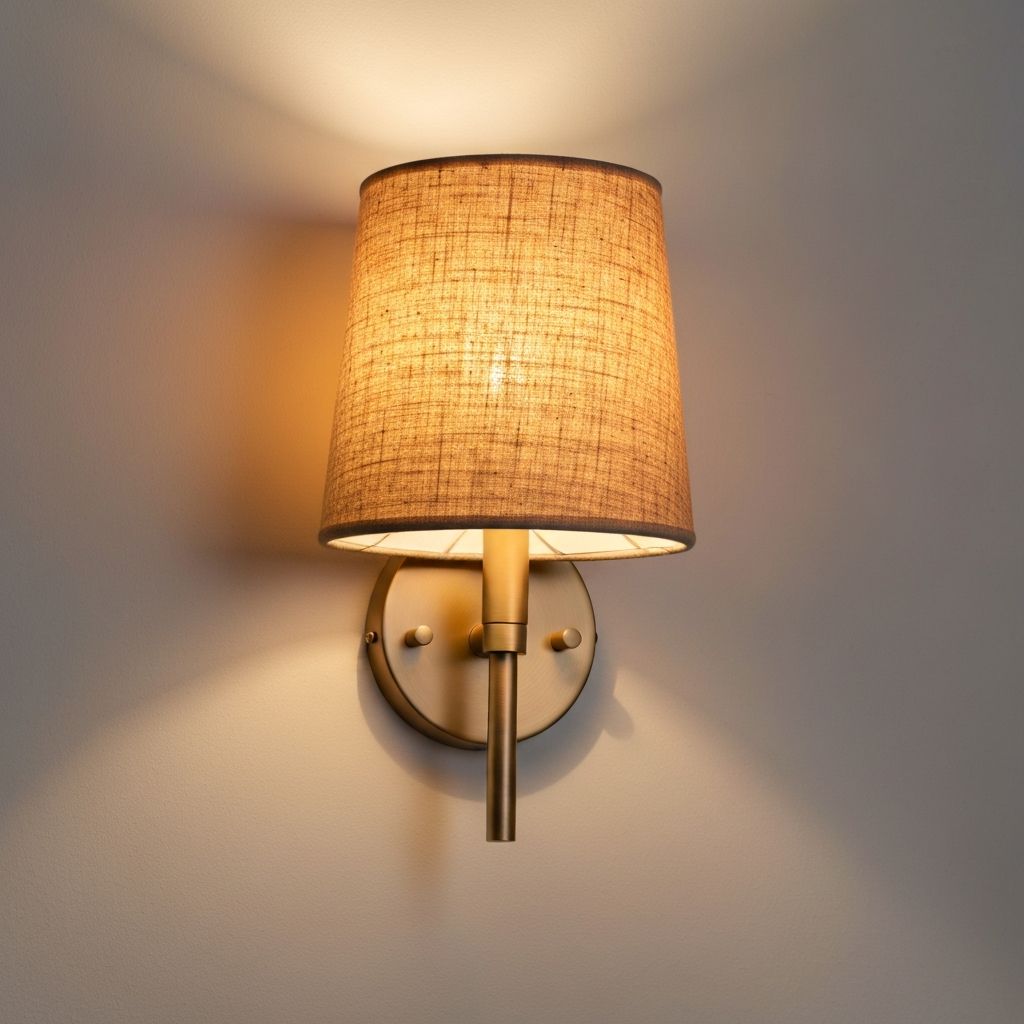 Wandleuchte mit Stoff-Schirm in warmem Leinenton und minimalistischer Befestigung