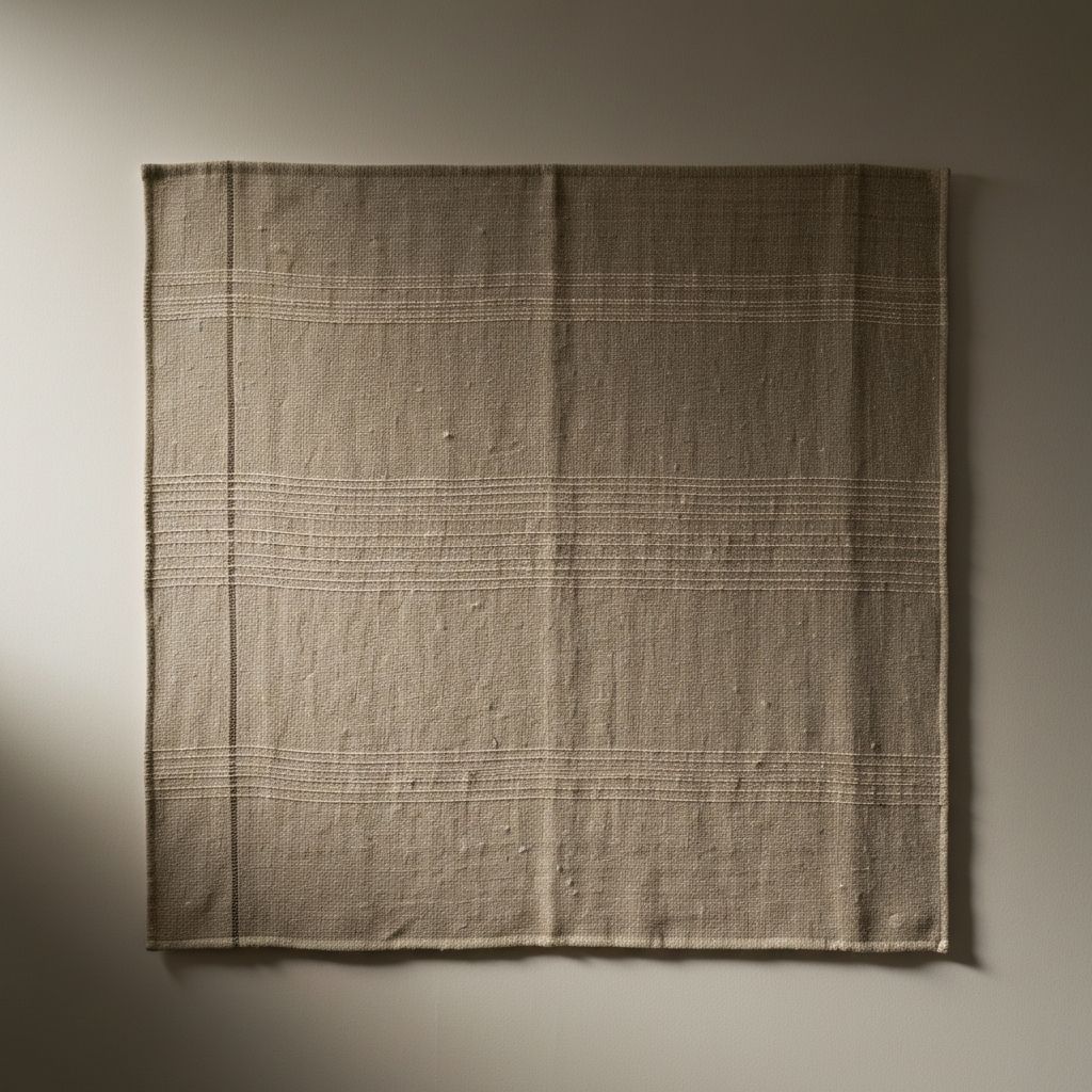 Wandtextil aus handgewebtem Leinen in beige mit vertikalen und horizontalen Fadenunebenheiten