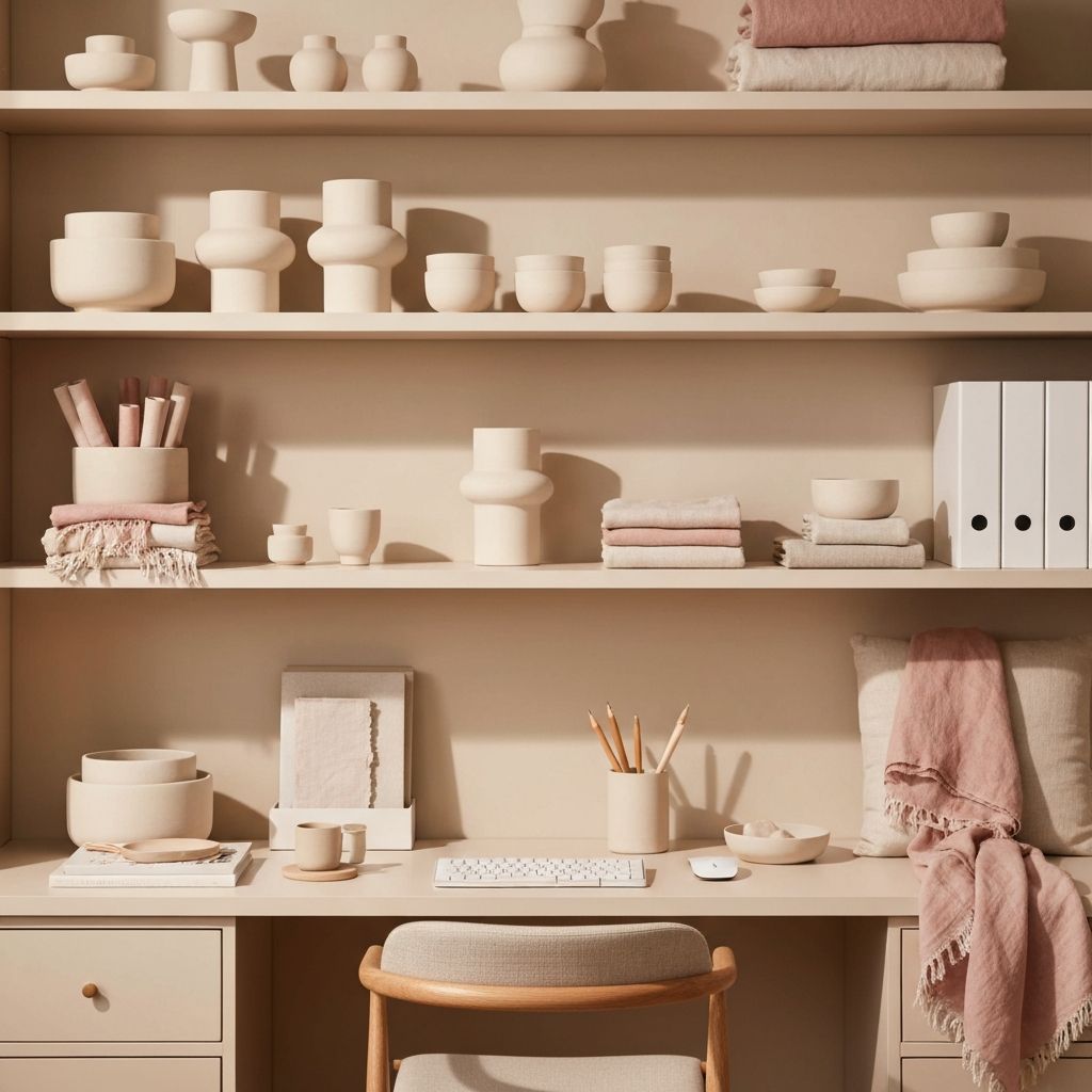 Designierter Arbeitsbereich mit sorgfältig arrangierten Keramik- und Leuchtobjekten